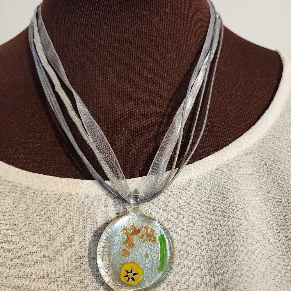 Hand Crafted Ribbon Cord Pendant Necklace Dichronic Glass Gray Turquoise
